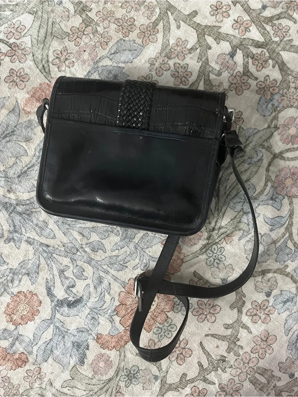 Vintage Black Leather Brighton Black Organizer Crossbody Bag with Silver